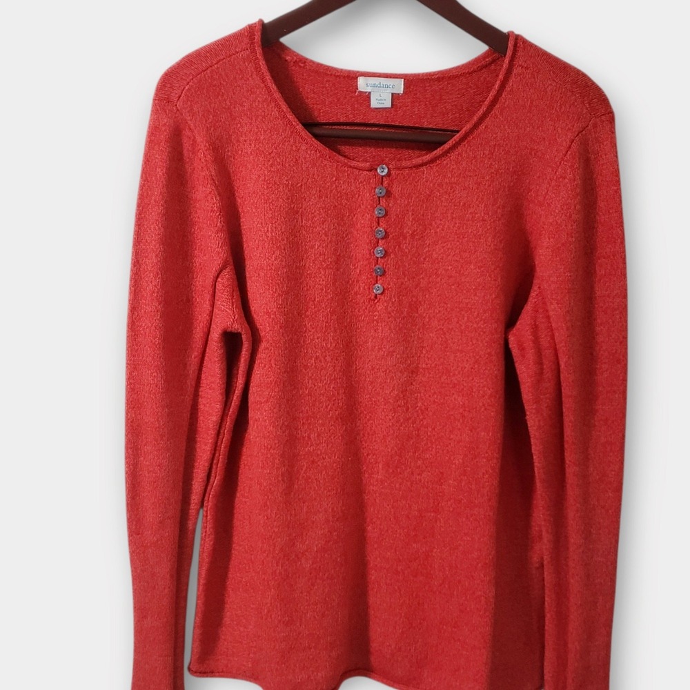Sundance Womens Homestead Henley Sweater Orange Large Long Sleeve
